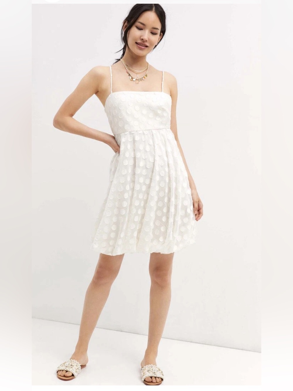 Sachin x Babi x Anthropologie Cream Polka Dot Spaghetti Strap Bubble Dress